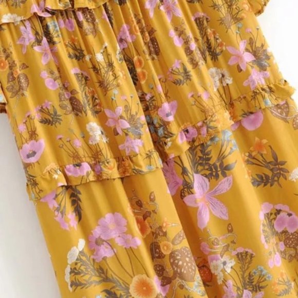Boho 60s Floral Gypsy Print Maxi Dress Yellow - Picture 12 of 14